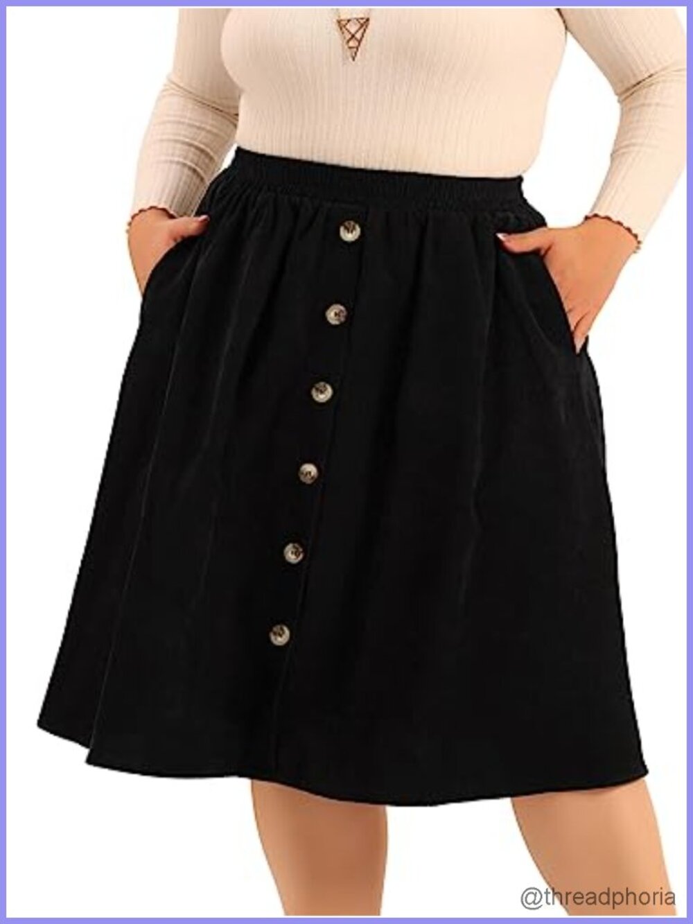 Corduroy Midi Skirt Plus Size Waist Button Pockets